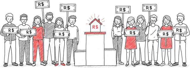 Doze pessoas segurando placas com o símbolo R$ alinhadas com um pódio ao centro onde se encontra uma casa no primeiro lugar