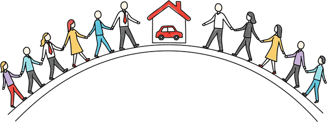 Ilustração de várias pessoas dando as mãos enquanto caminham em direção ao seu objetivo de conquistar uma casa ou um carro