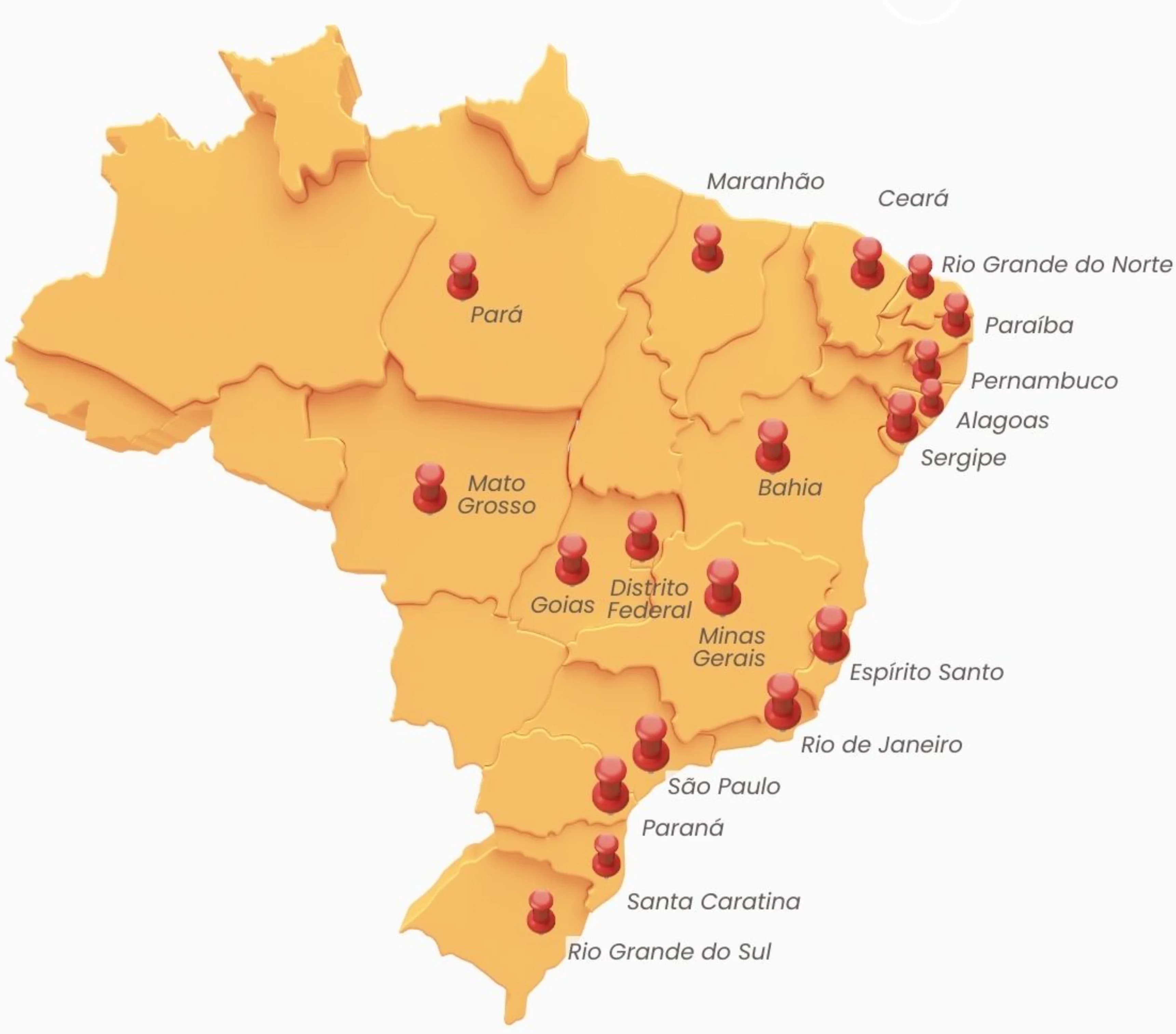 Mapa do Brasil mostrando os 18 estados e Distrito Federal alcançados pelo programa EmbrAvance