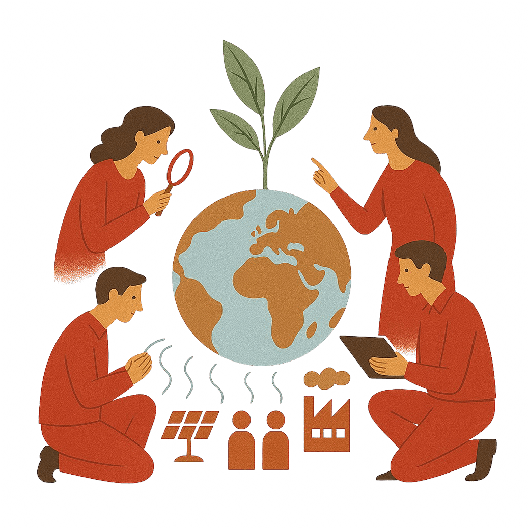 Ilustração de quatro pessoas ao redor de um globo terrestre com folhas crescendo no topo, analisando e discutindo temas ambientais, sociais e industriais